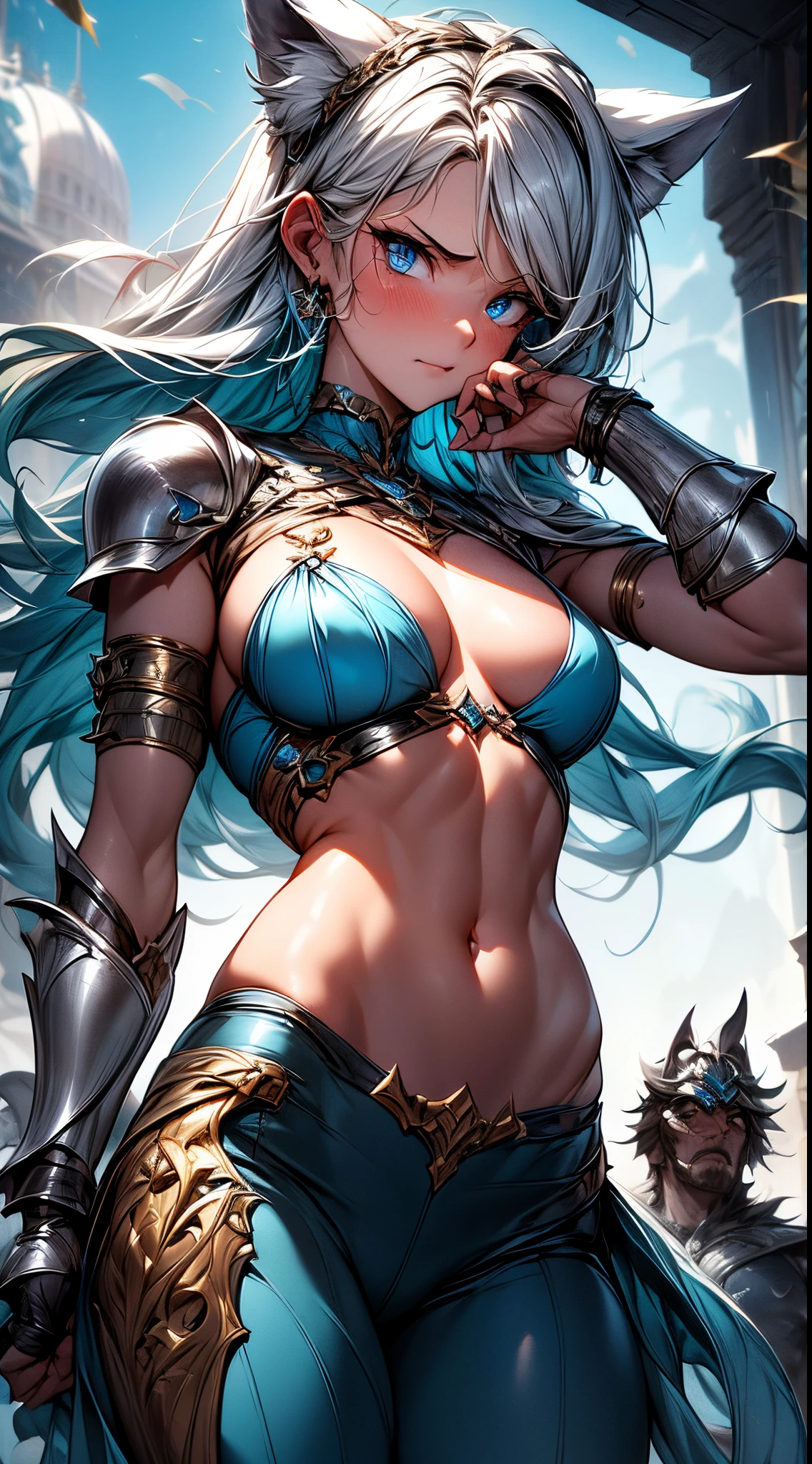 absurderes ,1 girl,Serious,Silver hair,worried woman ,Wolf ears,Blue eyes,Bikini Armor,Abs,muscular,Silver Gauntlet ,leather waist seat,BREAK,Dynamic Angle,Dynamic lighting,Wasteland,Fantasy,BREAK,(close range),(assaulting ,leaping :1.2),(Looking down,From below :1.2),Best Quality,Insanely detailed,Hyper realistic, Perfect Anatomy,Perfect five fingers,Vibrant colors,amazing,superfine illustration