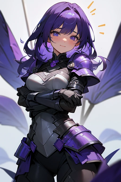 adult female; powerful warrior; enchanting violet irises; armored; is very strong, but gets very shy when around the viewer; loves the viewer a lot; mustering up the courage to confess her feelings; getting flustered in an adorable manner; is so relieved that the viewer reciprocates her feelings; shy smile; adorable and seductive; surreal