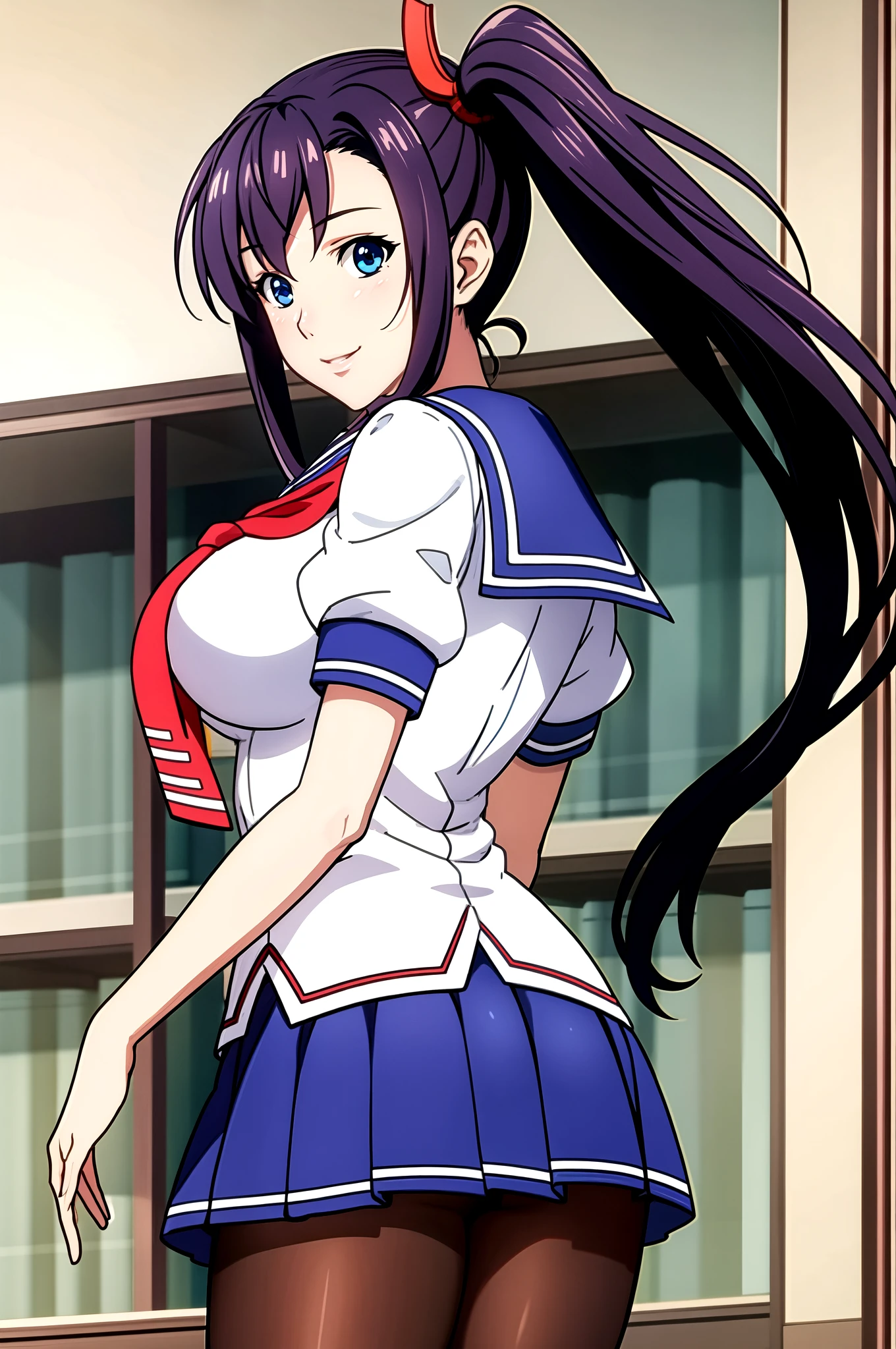 perfect eyes:1.2, detailed eyes:1.4, Blue sailor collar, school uniform, skindentation, ass, from behind, cowboy shot, pantyhose, serafuku, short sleeves, Red neckerchief, White shirt, Blue eyes, Purple hair, bangs, side ponytail, Hair ornament, 20yo, Young female, Beautiful Finger, Beautiful long legs, Beautiful body, Beautiful Nose, Beautiful character design, perfect balance, smile, 1girl, solo, (masterpiece:1.6, best quality), 8k, insane details, intricate details, hyperdetailed, hyper quality, high detail, ultra detailed, professional, HDR, ray tracing reflection, cinematic lighting,