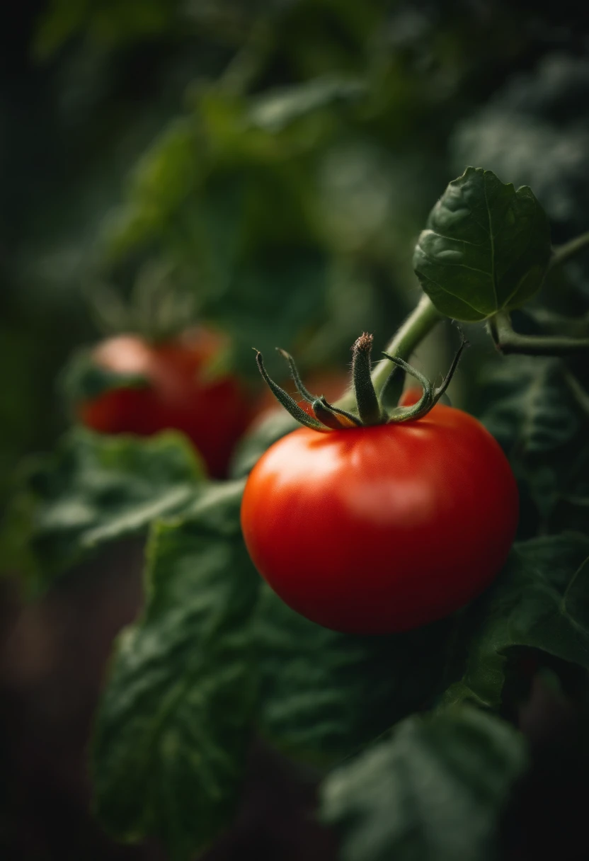 A high-resolution image of a ripe tomato, with vibrant red hues and glossy skin, showcasing the juicy and fresh nature of the fruit.