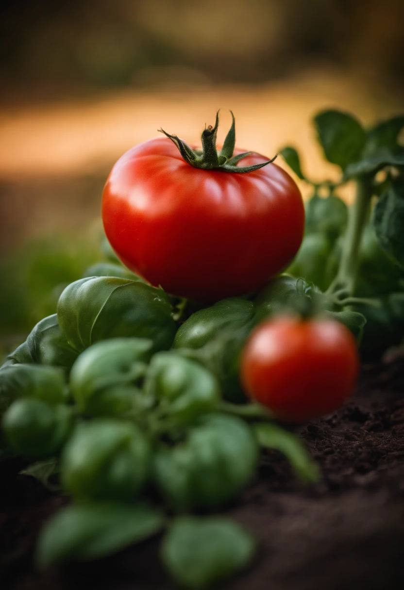 A high-resolution image of a ripe tomato, with vibrant red hues and glossy skin, showcasing the juicy and fresh nature of the fruit.