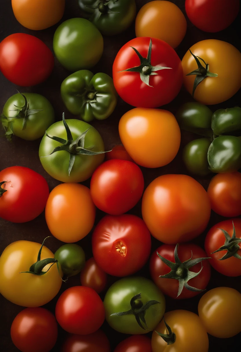 A visually stunning composition of multiple tomatoes arranged in a dynamic and appealing pattern, with various colors and sizes creating a visually captivating and diverse scene.