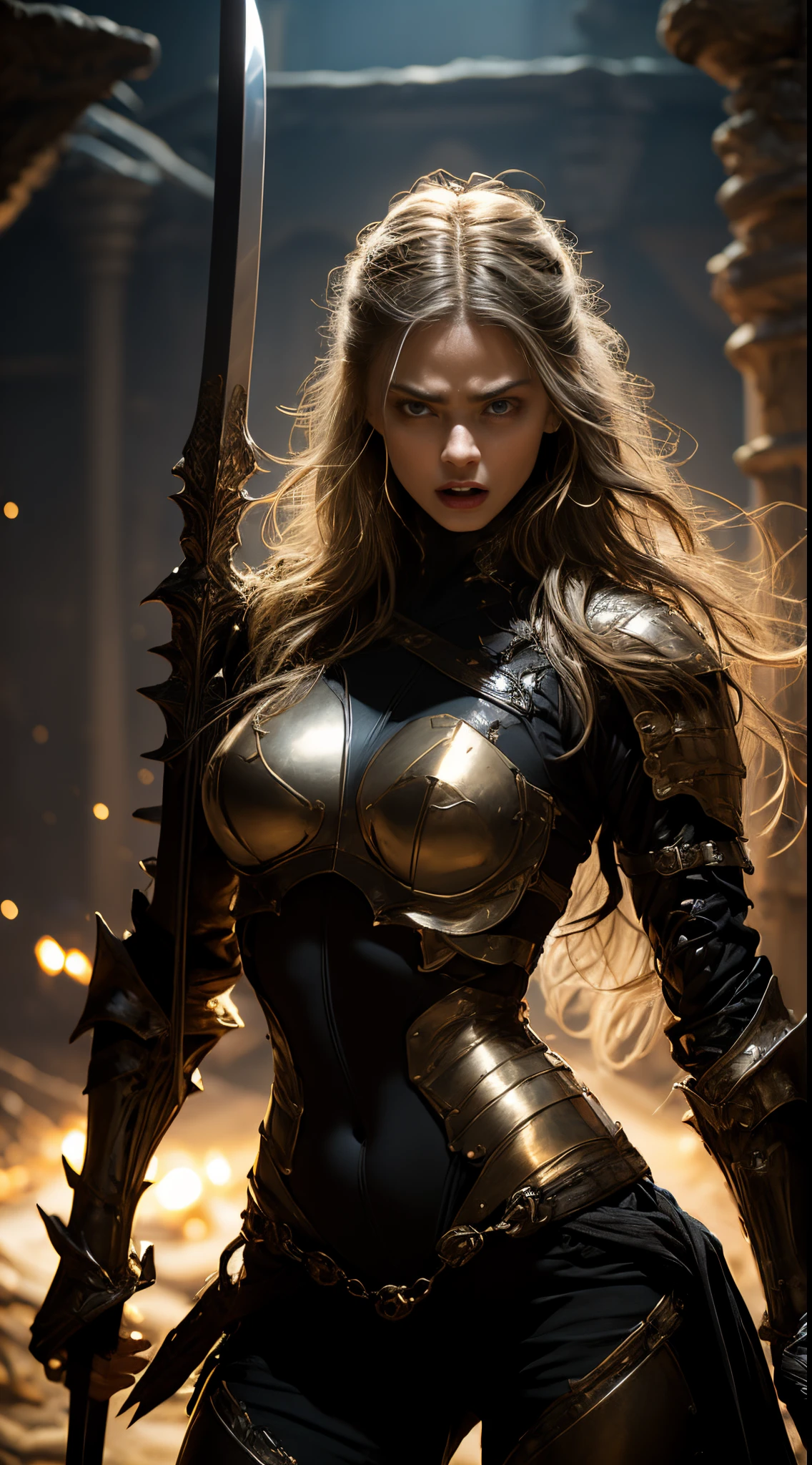 (photorealistic:1.3, realistic, ultrarealistic, hyperrealistic),masterpiece,absurdres,highres,high quality,ultra detailed,beautiful and aesthetic,horror (theme),1girl,dynamic pose,shiny skin,(holding weapon:1.4),enchanted armor,ancient,intricate details,expressive drips,(energetic movement:1.2),(sense of depth:1.6),glowing aura,in the depths of a gloomy dungeon,illuminated by divine light,(perfect lighting:1.3),(mysterious scenery),magical lighting,skull,blood,blood splatter,