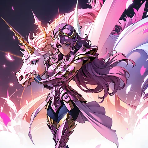 a woman wearing a pink unicorn armor,, saint seiya, pink unicorn armor, , unicorn helmet, dark and purple hair, long hair, , cha...