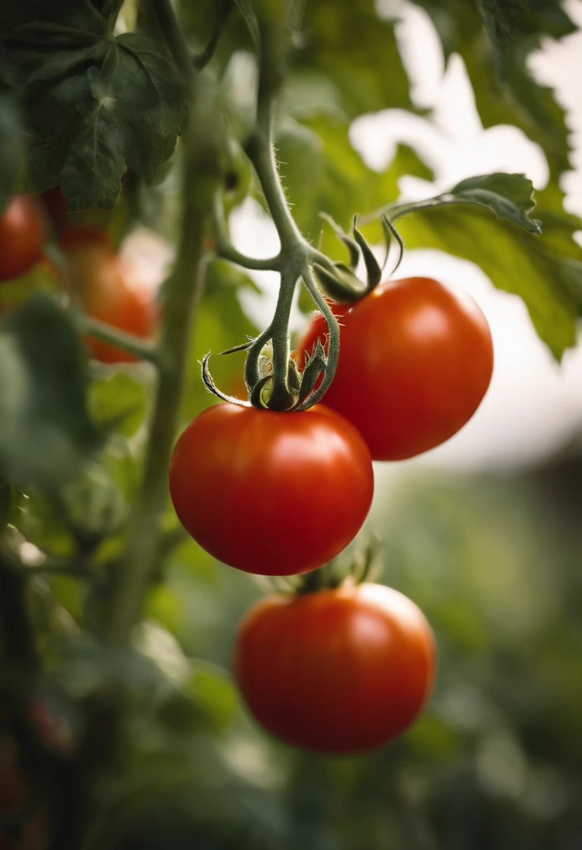 A high-resolution image of a tomato plant in a sunlit garden, with ripe tomatoes hanging from the branches, showcasing the natural beauty and growth process of the fruit.
