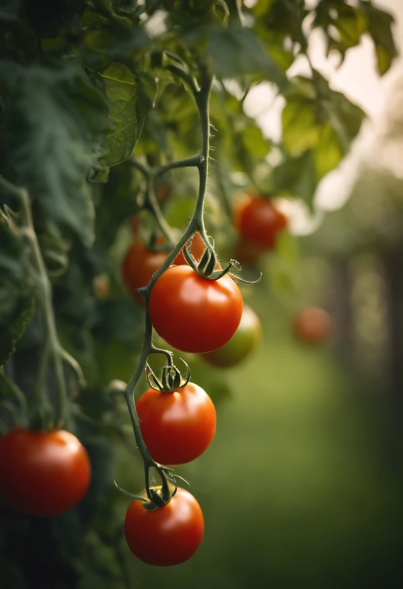 A high-resolution image of a tomato plant in a sunlit garden, with ripe tomatoes hanging from the branches, showcasing the natural beauty and growth process of the fruit.