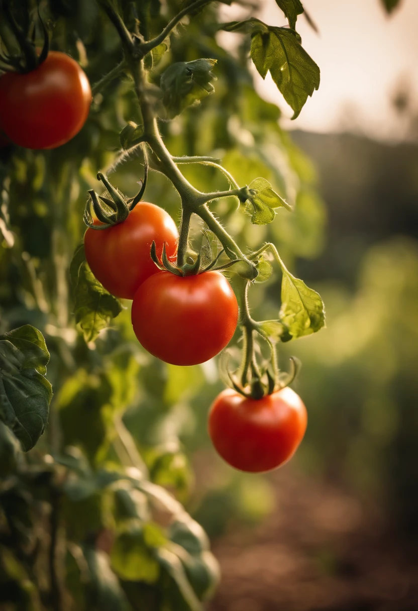 A high-resolution image of a tomato plant in a sunlit garden, with ripe tomatoes hanging from the branches, showcasing the natural beauty and growth process of the fruit.