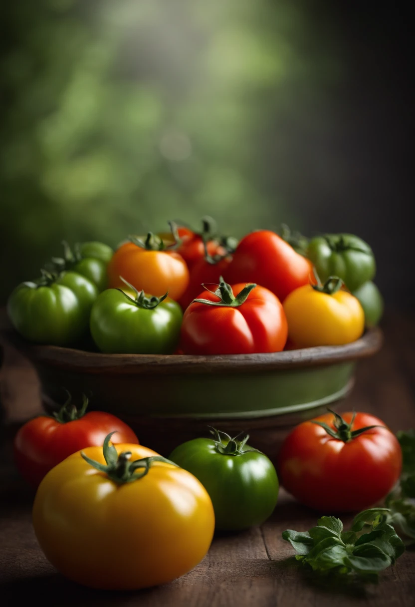 A visually pleasing composition of tomatoes of different colors, including red, yellow, and green, arranged in a visually appealing and artistic way, creating a visually vibrant and diverse image.