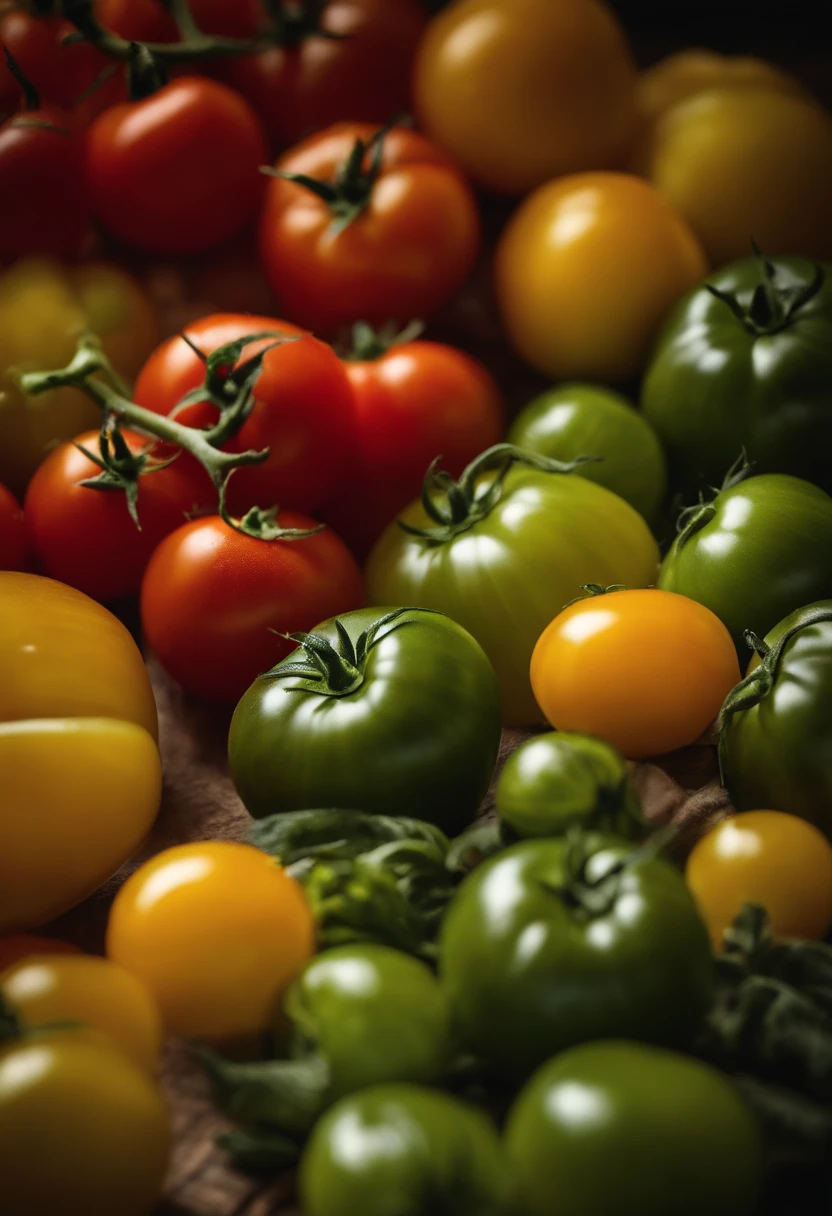 A visually pleasing composition of tomatoes of different colors, including red, yellow, and green, arranged in a visually appealing and artistic way, creating a visually vibrant and diverse image.