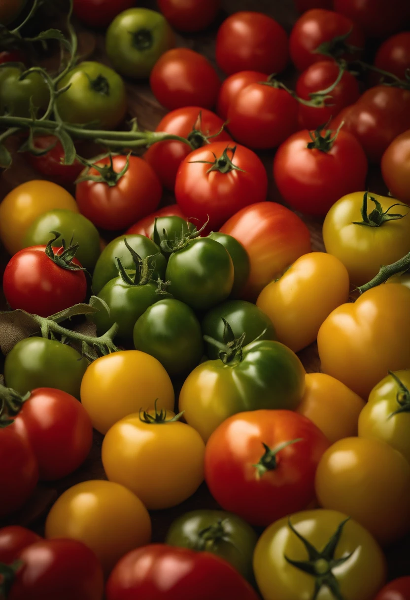 A visually pleasing composition of tomatoes of different colors, including red, yellow, and green, arranged in a visually appealing and artistic way, creating a visually vibrant and diverse image.