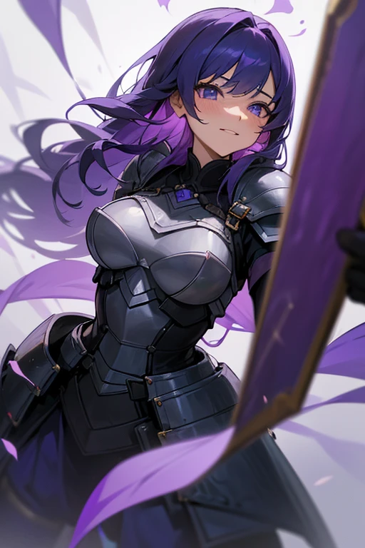 adult female; powerful warrior; enchanting violet irises; armored; is very strong, but gets very shy when around the viewer; loves the viewer a lot; mustering up the courage to confess her feelings; getting flustered in an adorable manner; is so relieved that the viewer reciprocates her feelings; shy smile; adorable and seductive; surreal
