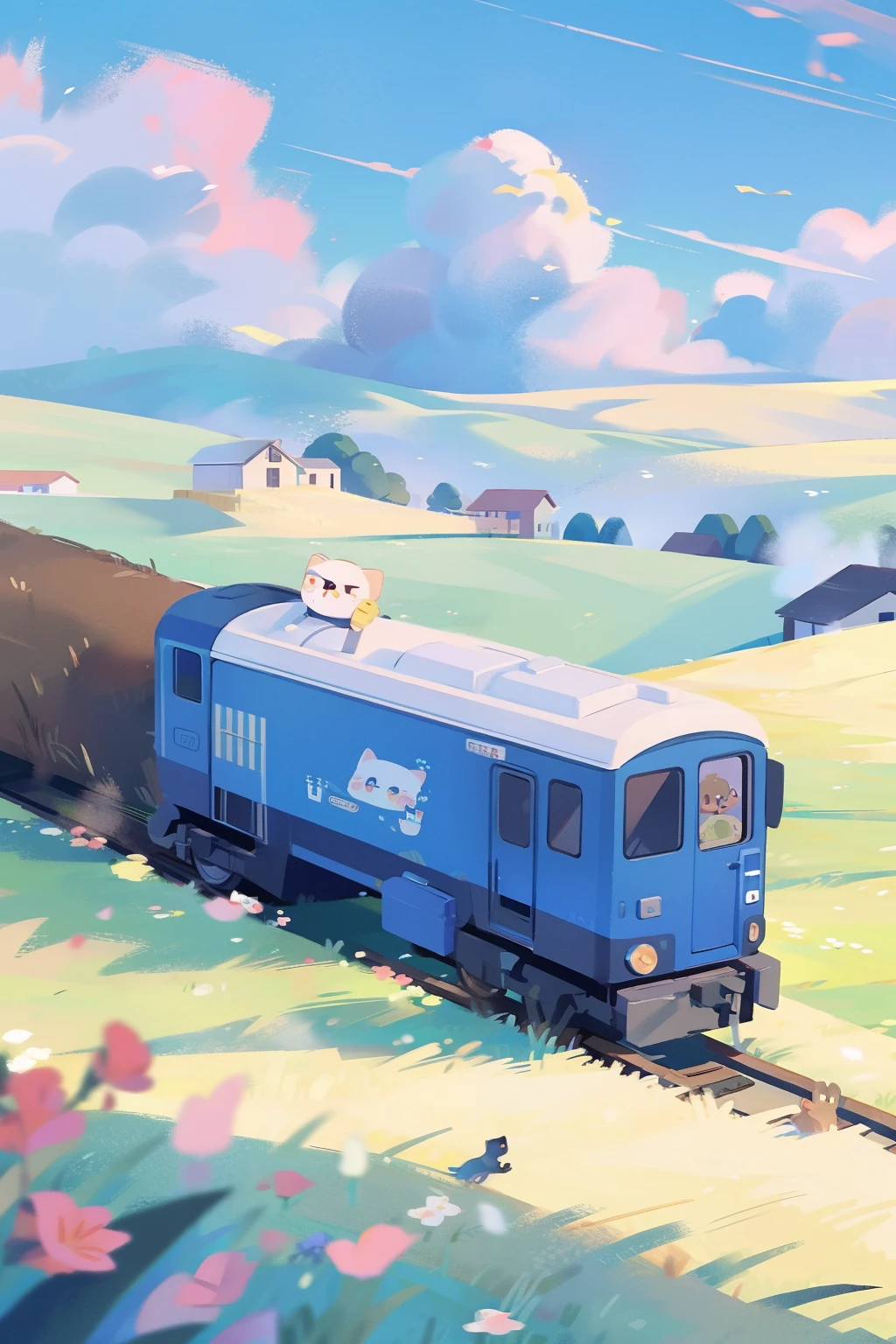 One cute cat, In the wheat field,A train is coming from afar, baiyun、blue-sky、rivulets . wildflowers.