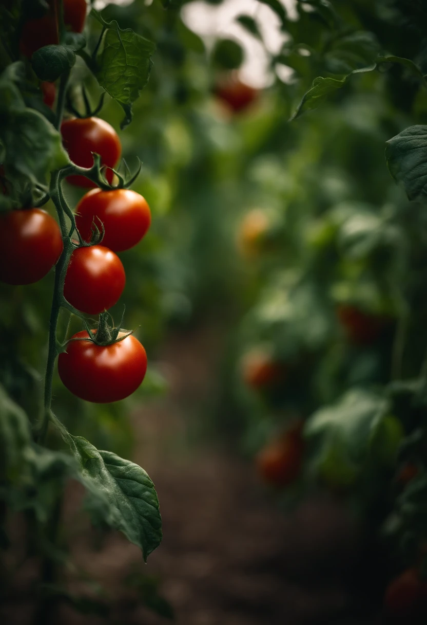 A close-up shot of tomato vines, with green leaves and unripe tomatoes adding depth and texture to the image, creating a visually dynamic and organic scene.