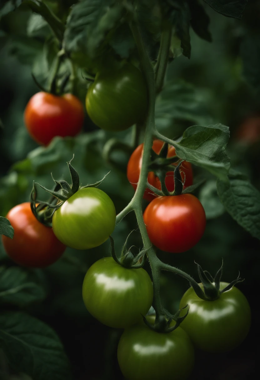 A close-up shot of tomato vines, with green leaves and unripe tomatoes adding depth and texture to the image, creating a visually dynamic and organic scene.