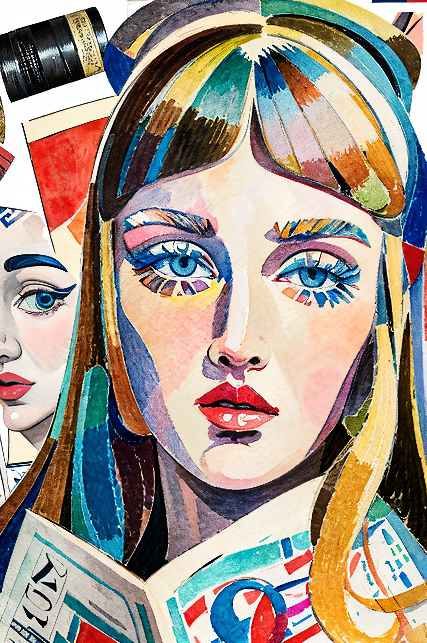 Sketched, watercolor paiting, Collage of Picasso and Robert Delaunay, cubism, Abstract, Cute daughter, big clear blue eyes, Little red cheeks, Blonde long-haired, Face-centric, Against the backdrop of newspapers and fashion magazines, Intricate Brushwork, high-level image quality, A breathtaking masterpiece