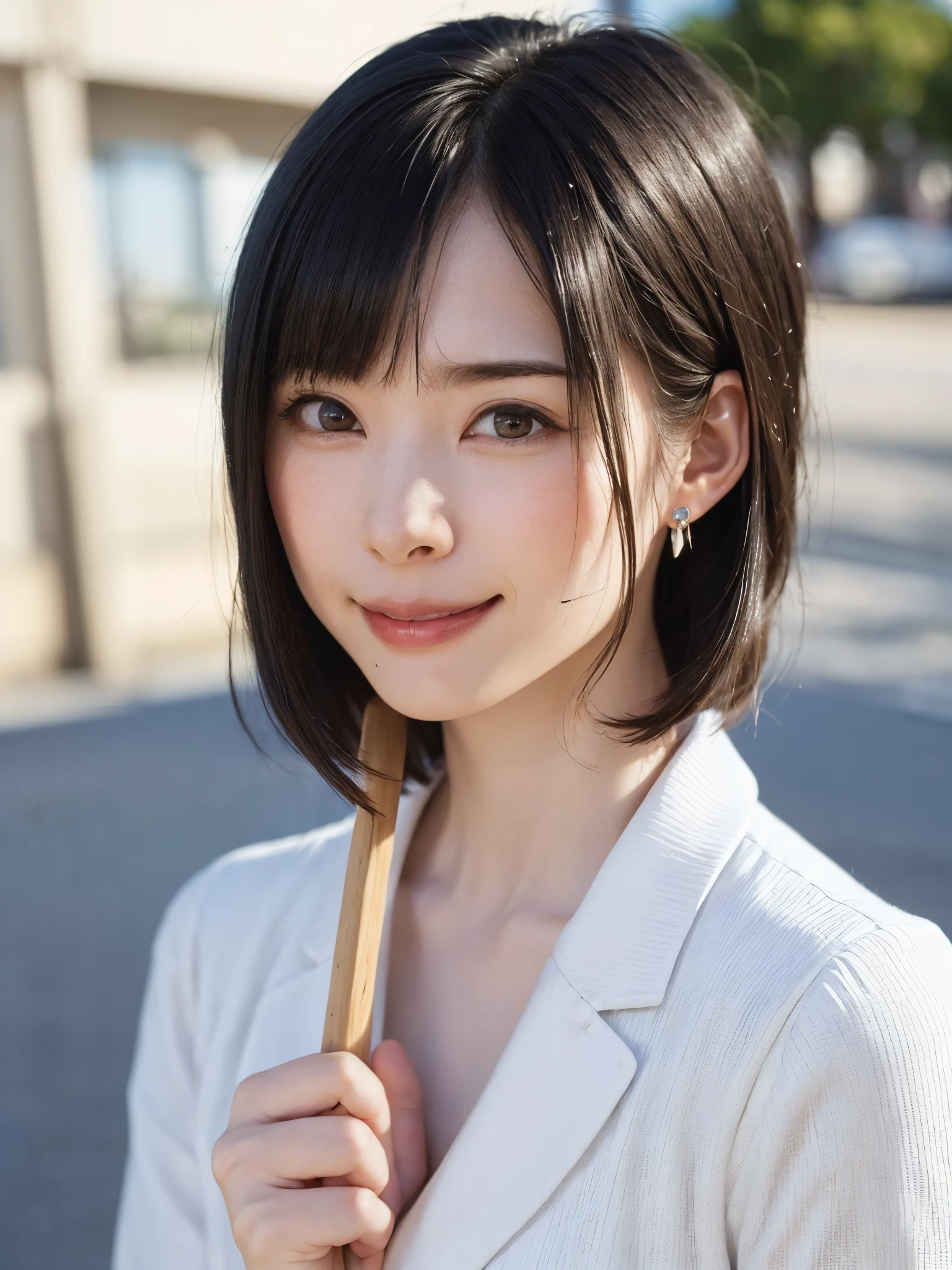 (masutepiece, top-quality、The ultra -The high-definition、Very attractive adult beauty、Add intense highlights to the eyes、Look firmly at the camera:1.4、Absolutely beautiful bangs:1.4、Brunette short bob hair with bangs:1.4),1girl in, 独奏, A dark-haired, scarf, Hats,, realisitic, looking at the viewers, black eyes of light color, shorth hair, coat, Winter clothes, White headscarf, s lips, lipgloss，bangss, The upper part of the body、big eye、Lashes)、((Road system in Italy、Hyperreal Stick:1.4))、((Shorthair with bangs:1.4、Beautiful bangs with 46 points:1.4、{Gigantic|Big|Huge|Mega} breasts, cleavage、big eye、Put very strong highlights in your students、very Bigger breasts、gazing at viewer、Very beautiful beauty、Put your ears out、long neck、little smiling、Beautiful teeth、Open your mouth and smile))、28 year old、Very cute supermodel
