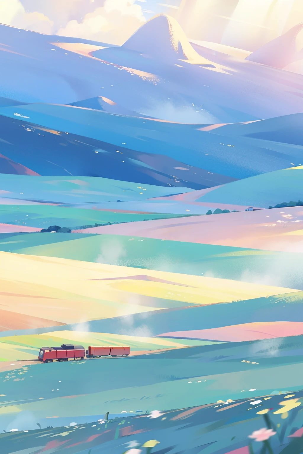 In the wheat field,A train is coming from afar, baiyun、blue-sky、rivulets . wildflowers.