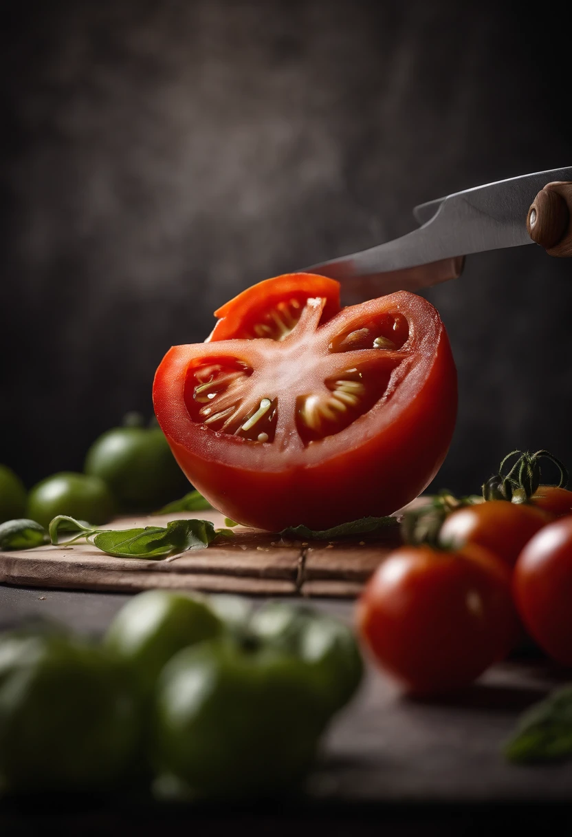 A high-resolution image of a tomato being sliced, with the knife gliding through the fruit and capturing the moment of freshness and anticipation, creating a visually impactful and mouthwatering image.