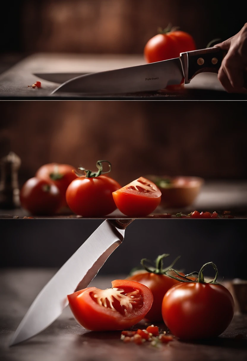 A high-resolution image of a tomato being sliced, with the knife gliding through the fruit and capturing the moment of freshness and anticipation, creating a visually impactful and mouthwatering image.