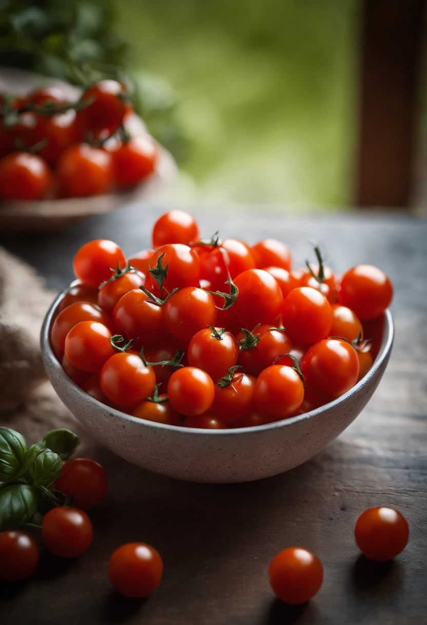 A visually stunning composition of a bowl of cherry tomatoes, with the vibrant red color and glossy skin creating a visually striking and appetizing scene.