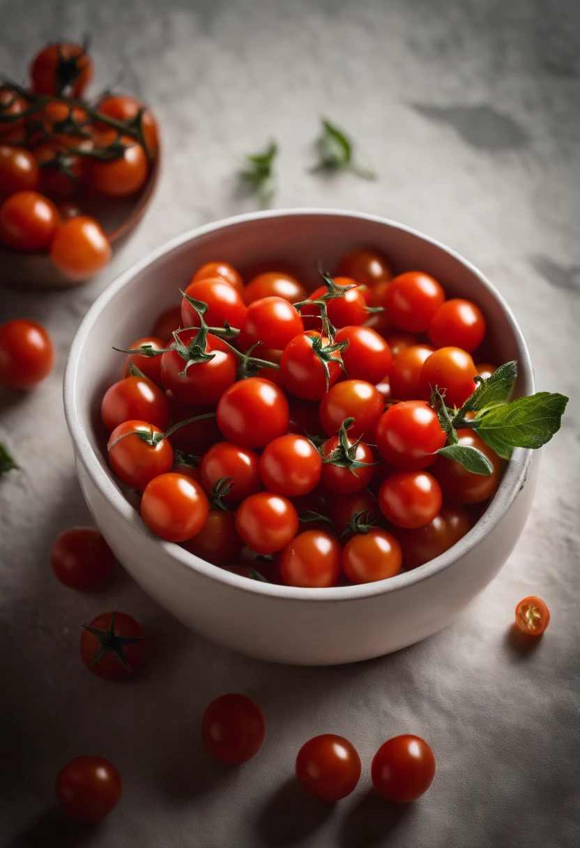 A visually stunning composition of a bowl of cherry tomatoes, with the vibrant red color and glossy skin creating a visually striking and appetizing scene.