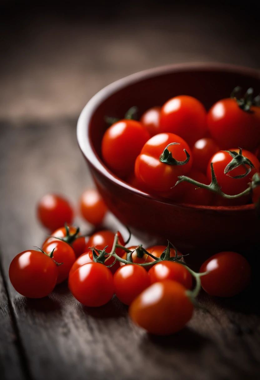 A visually stunning composition of a bowl of cherry tomatoes, with the vibrant red color and glossy skin creating a visually striking and appetizing scene.