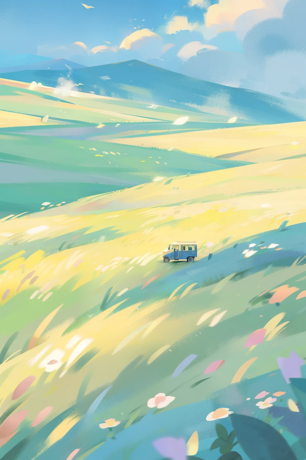In the wheat field，A train is coming from afar, baiyun、blue-sky、rivulets . wildflowers.