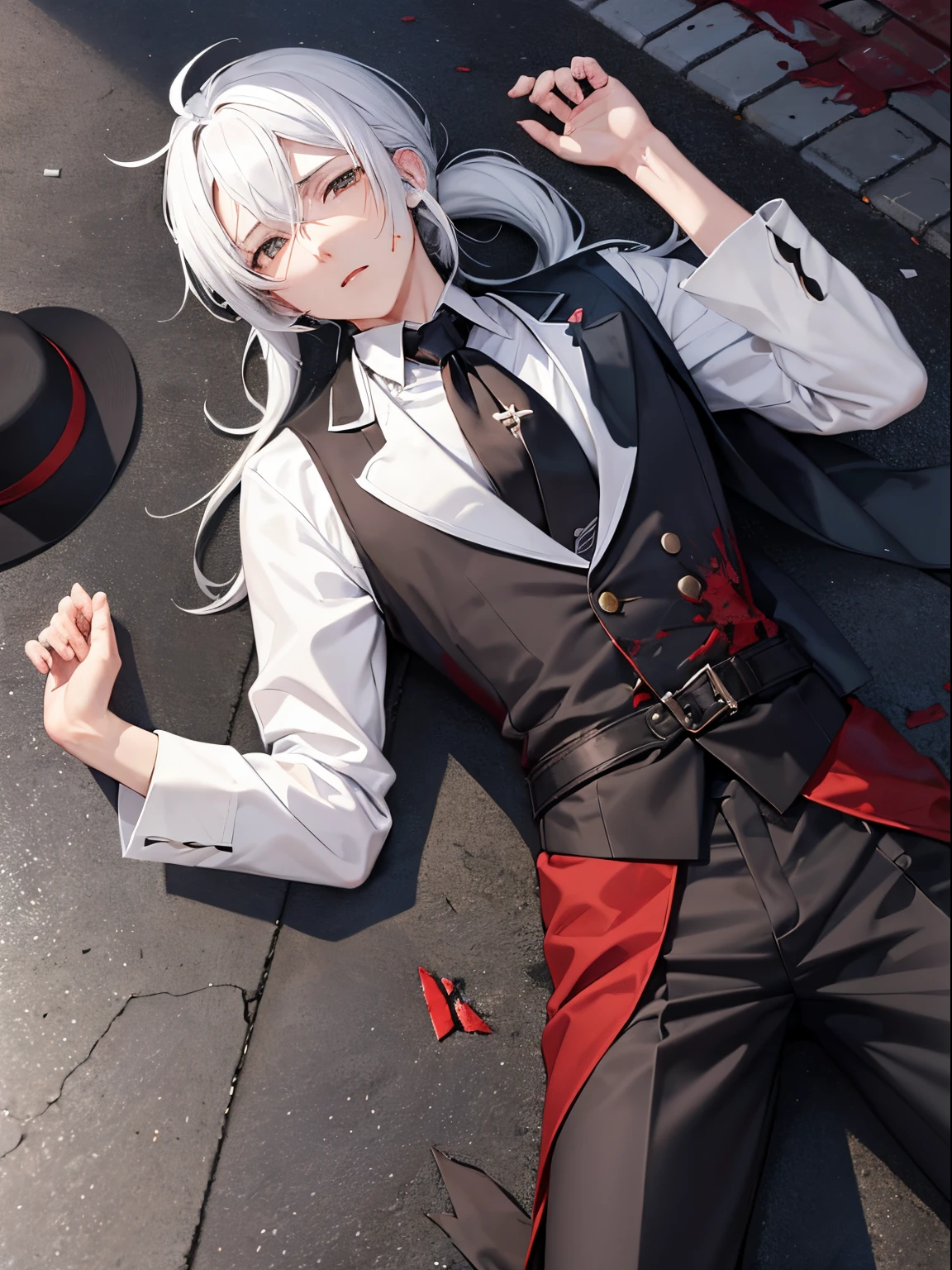 (masutepiece)(high-detail)(Angle from above)male in his 20s、white hair、poneyTail、tailcoat、neck tie、The hat is falling off、Blood on face and body、injury、Clothes are slightly torn、lying back on、Bandage on the arm、Expression of melancholy、very heavy rain、asphalt