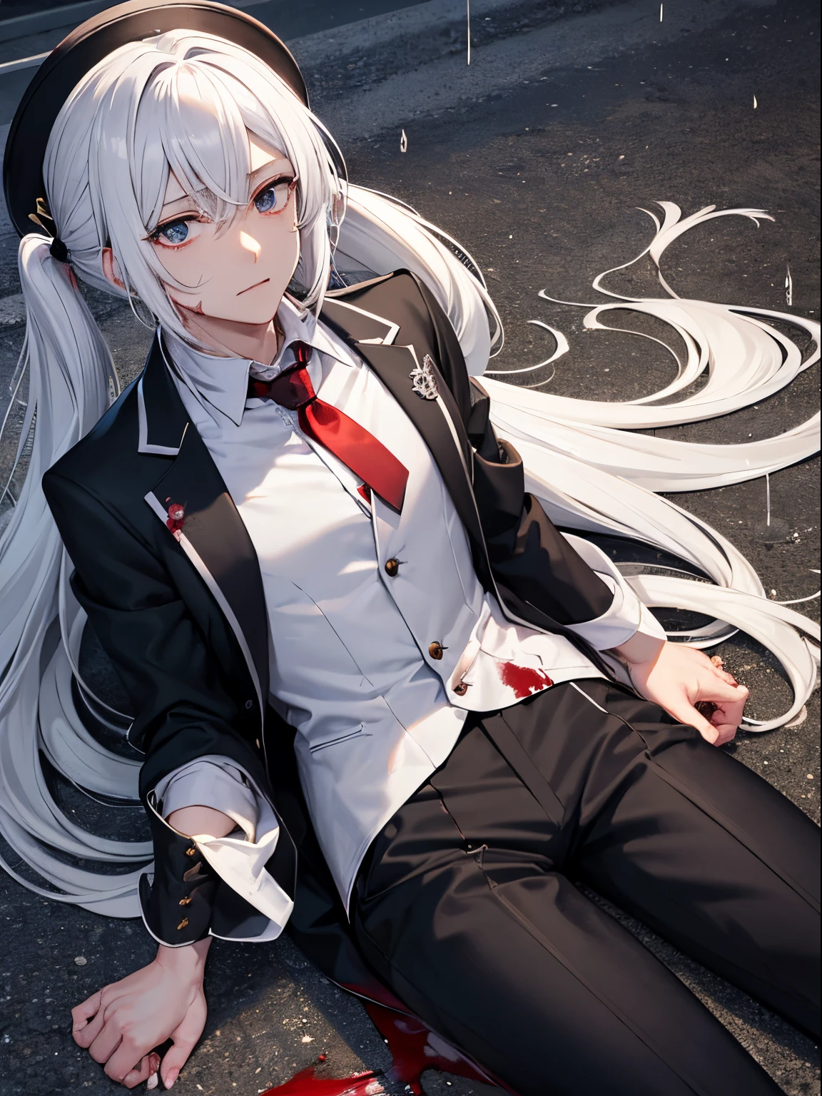 (masutepiece)(high-detail)(Angle from above)male in his 20s、white hair、poneyTail、tailcoat、neck tie、The hat is falling off、Blood on face and body、injury、Clothes are slightly torn、lying back on、Bandage on the arm、Expression of melancholy、very heavy rain、asphalt