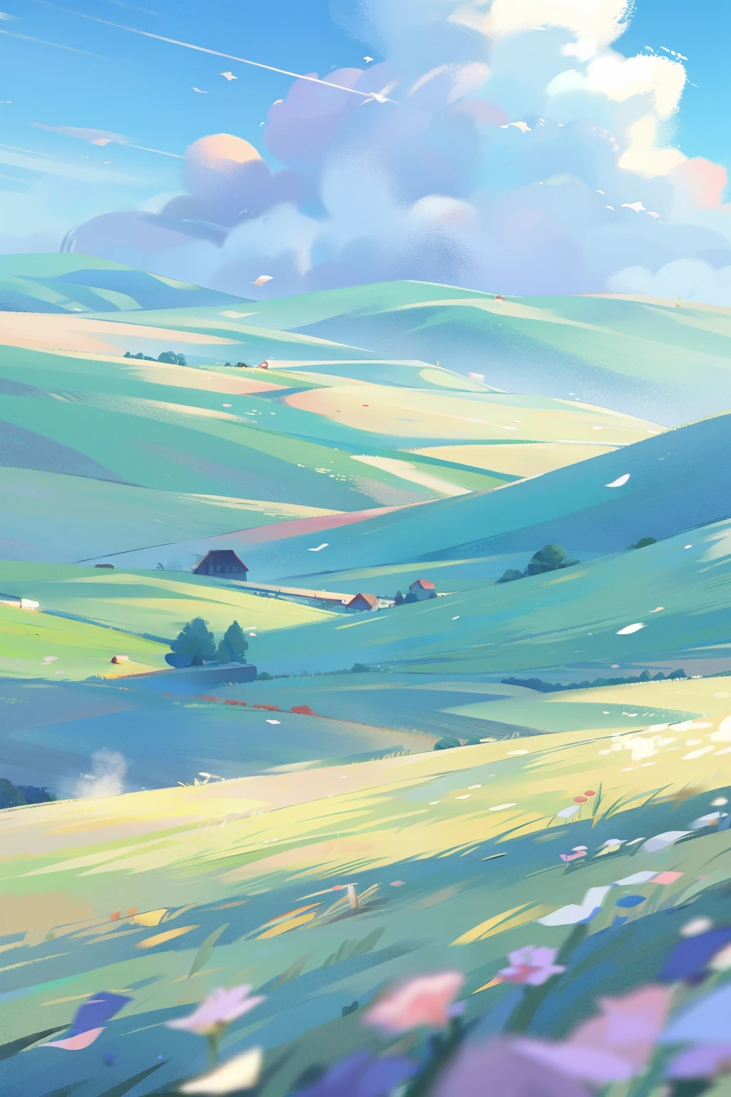 In the wheat field，A train is coming from afar, baiyun、blue-sky、rivulets . wildflowers.