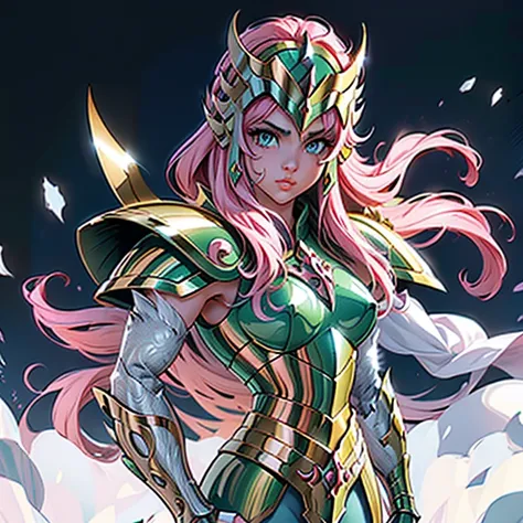 a woman wearing a white kitten armor,, saint seiya, cute armor, , kitten helmet, high details armor, pink hair, long hair, green...