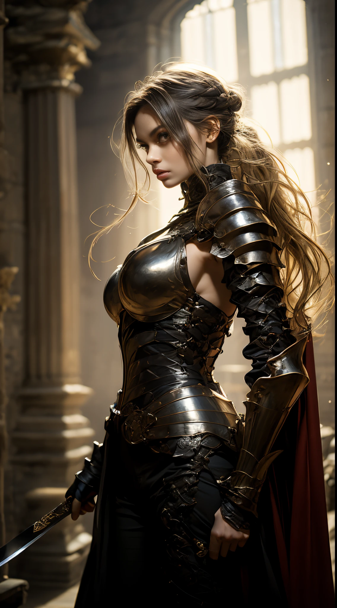 NSFW, 8k, best quality, highres, realistic, real person, A fierce and beautiful female knight with golden hair, wearing shining, form-fitting armor, effortlessly carrying a sword as tall as her own height on her shoulder. Her gaze is sharp and intimidating, as she stands in the midst of besieging an ancient castle. The background shows the old castle under siege.