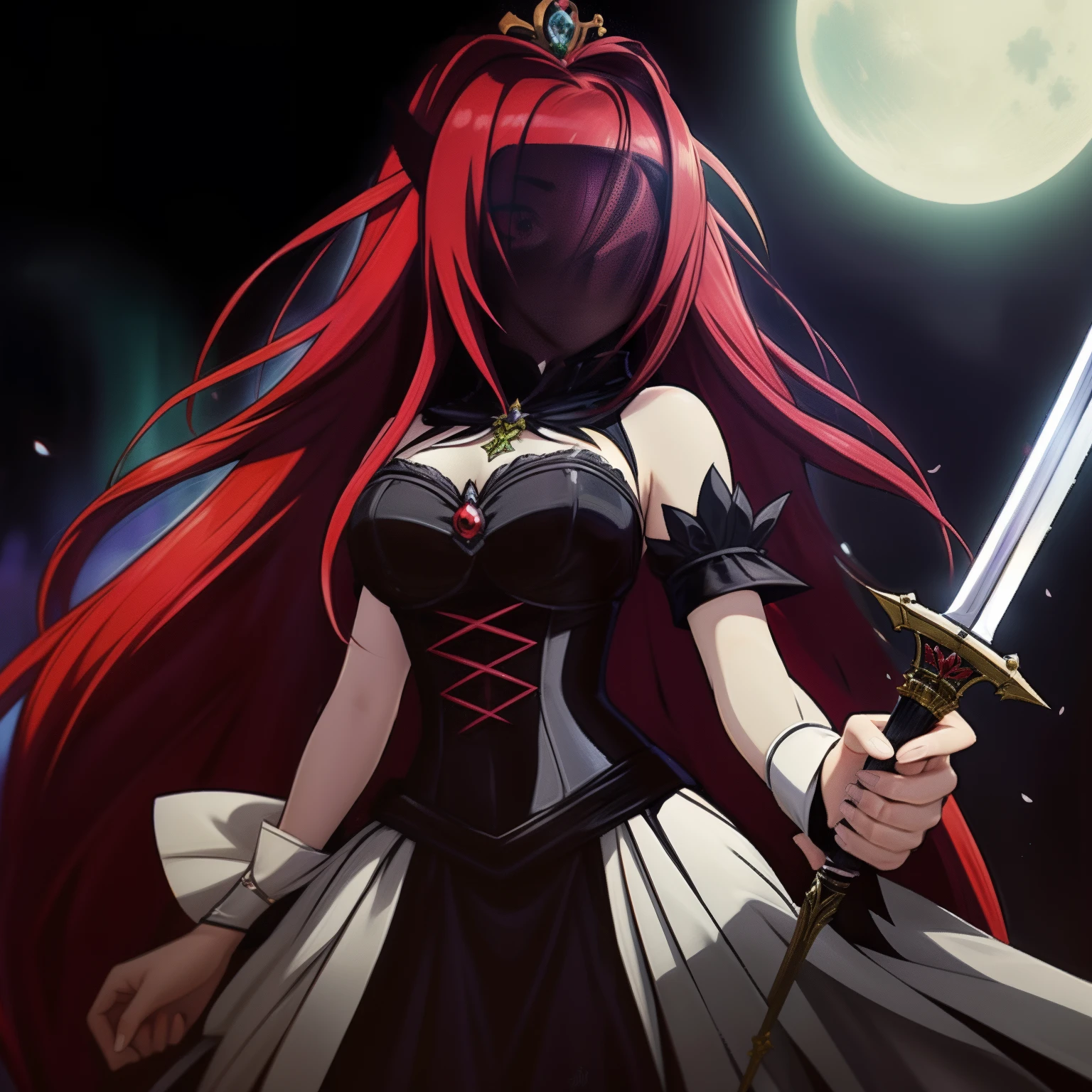 garota de anime com cabelo ruivo usando uma coroa e um vestido preto, Rias Gremory, The Queen of Blades, Erza Scarlet como uma pessoa real, female redhead templar, Rainha do Submundo, estilo anime como destino/noite de estadia, she is holding a sword, gothic maiden anime girl, Queen of Blades, /!\ A Feiticeira