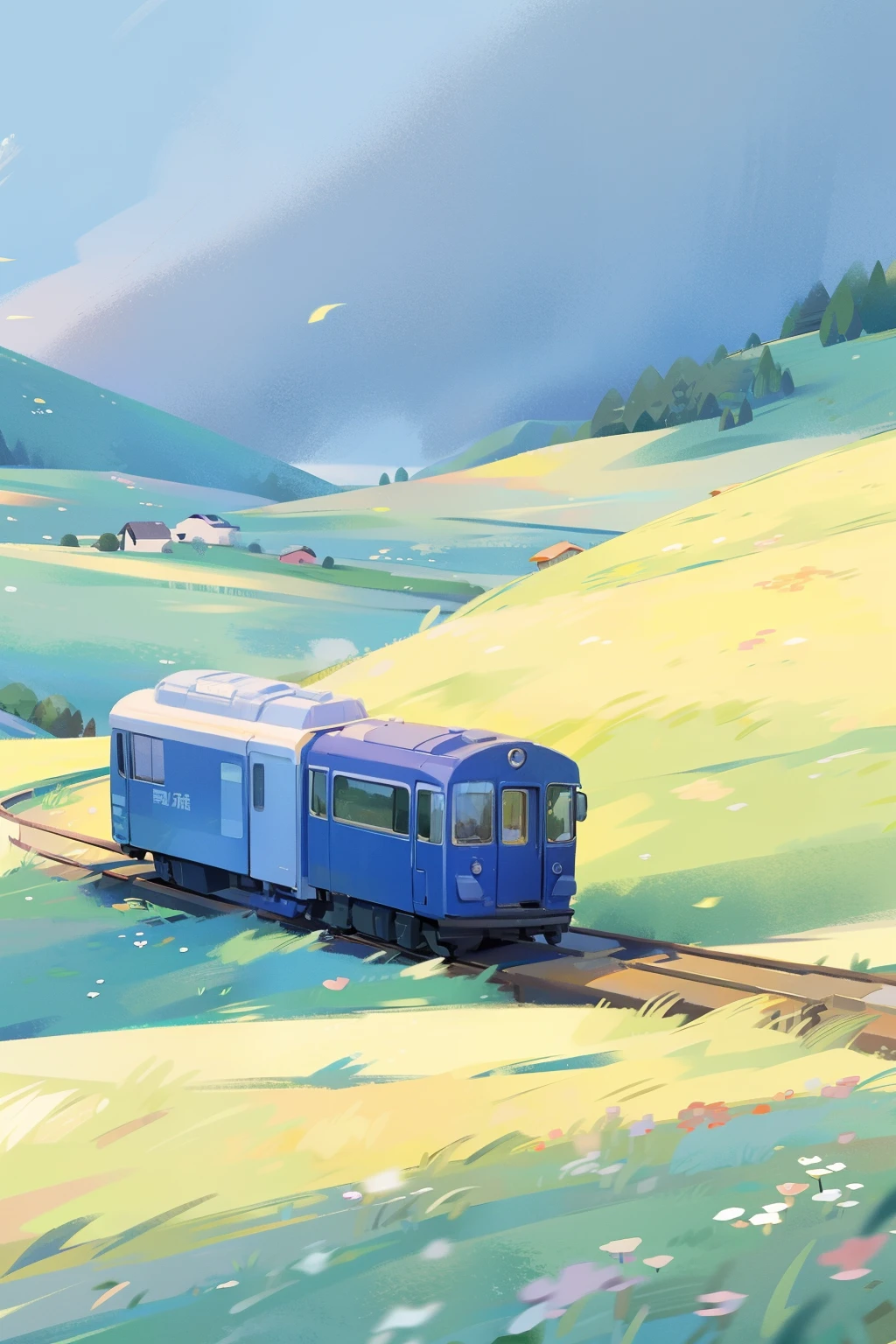 In the wheat field,A train is coming from afar, baiyun、blue-sky、rivulets . wildflowers.