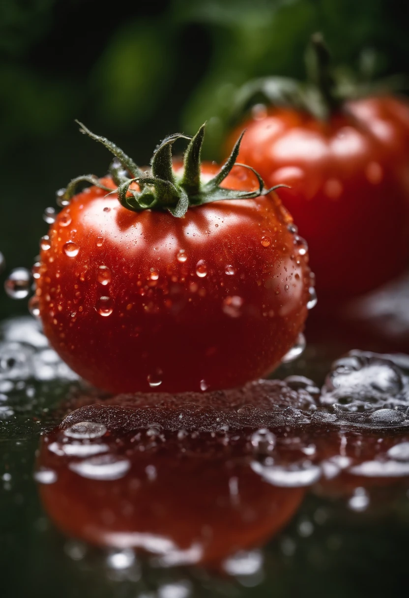 A close-up shot of a tomato covered in droplets of water, adding a refreshing and natural element to the image, creating a visually cool and invigorating scene.