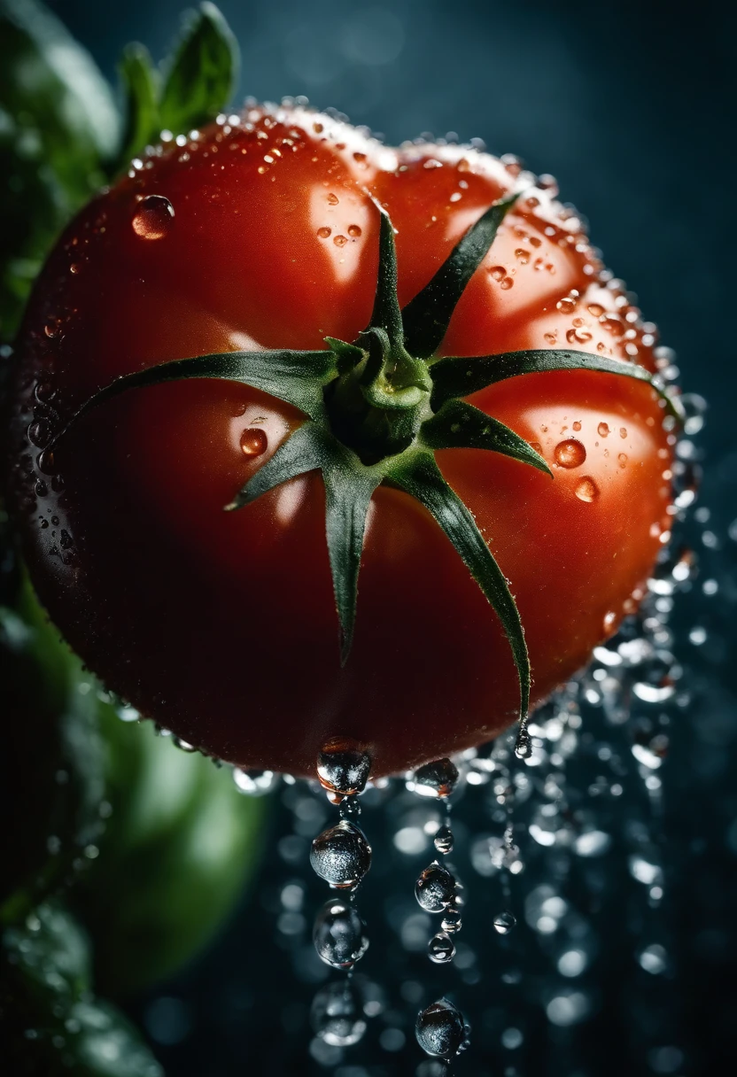 a close-up shot of a ripe tomato, showcasing its vibrant red color, glossy skin, and the tiny droplets of water on its surface