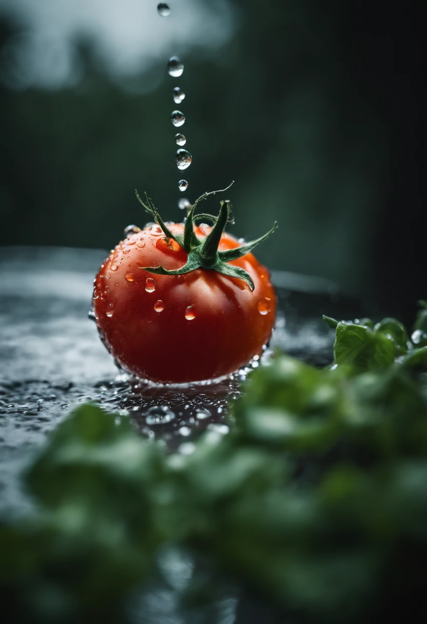 a close-up shot of a ripe tomato, showcasing its vibrant red color, glossy skin, and the tiny droplets of water on its surface