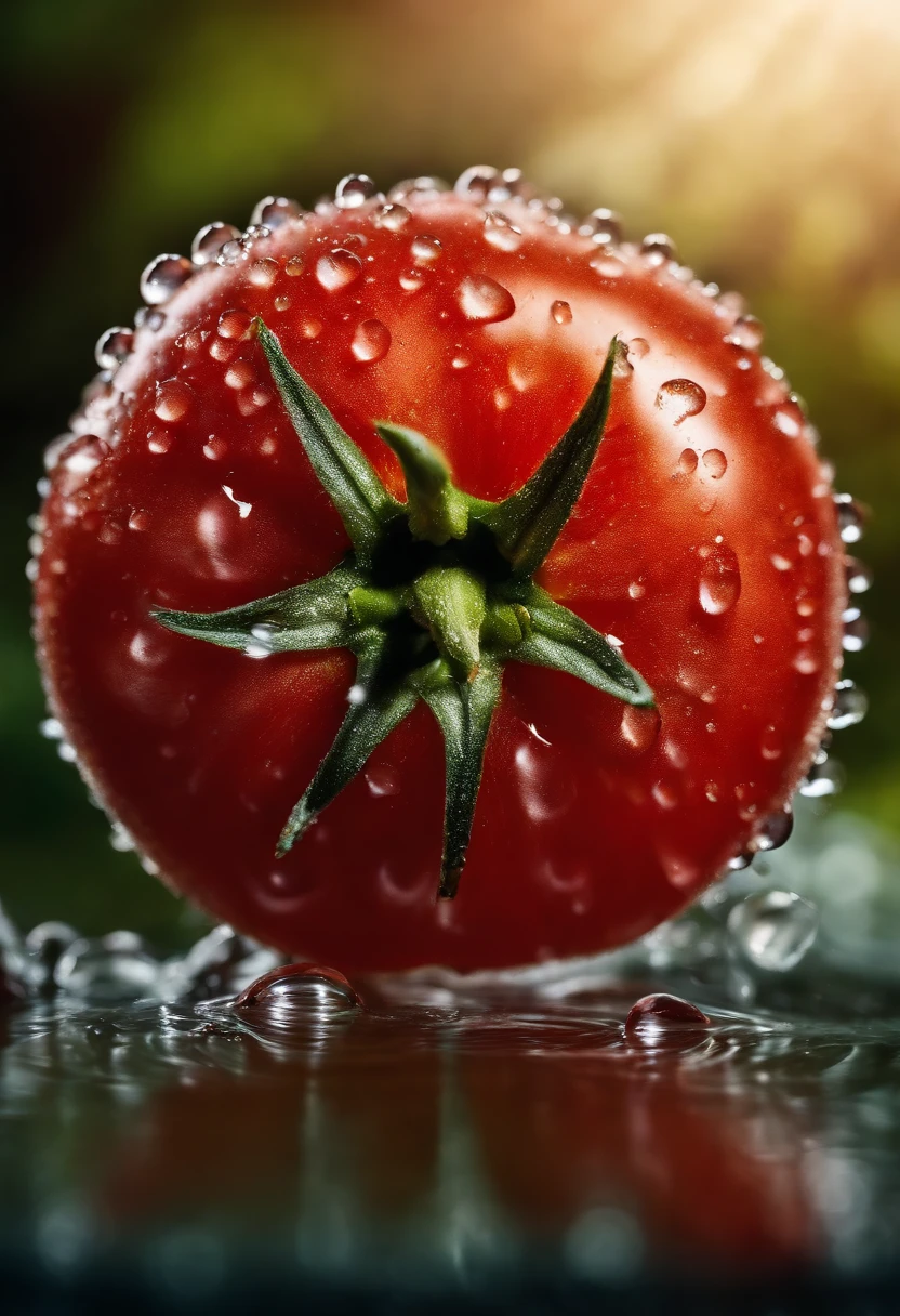 a close-up shot of a ripe tomato, showcasing its vibrant red color, glossy skin, and the tiny droplets of water on its surface