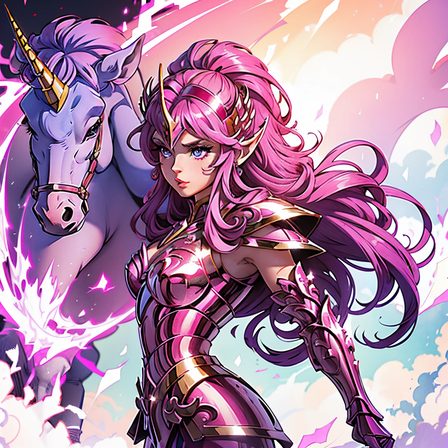 A woman wearing a pink unicorn armor,, Saint Seiya, pink unicorn Armor, , unicorn helmet, Dark and purple hair, long hair, , Charismatic character, Avatar de seconde vie, Nice screenshot, seductive woman, High quality, very detailed skin,