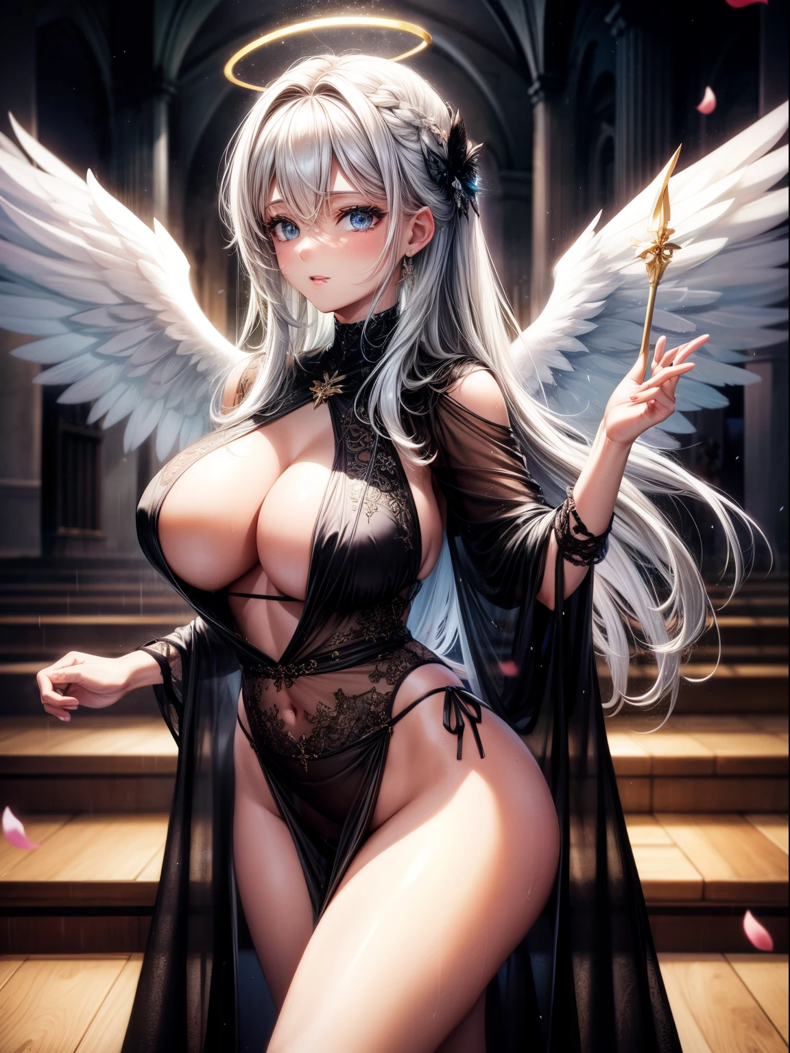 (8K ,hyper-detailing,ultra real photo,Best masterpiece,natural,Perfect artwork,Perfect female body),Cute busty girl ,Hair color,(large tities),Angelic,obsessed,the angel's wings,The halo,Beautiful church,beautiful rain of petals,Gorgeous accessories,golden brilliance,Wearing a see-through sexy black gauze skirt,Sexy transparent black dress,ssee-through,Built-in thong,The cracks are relatively large,stretch the meat,Raised sexy,Flirtatious,obscene exposure