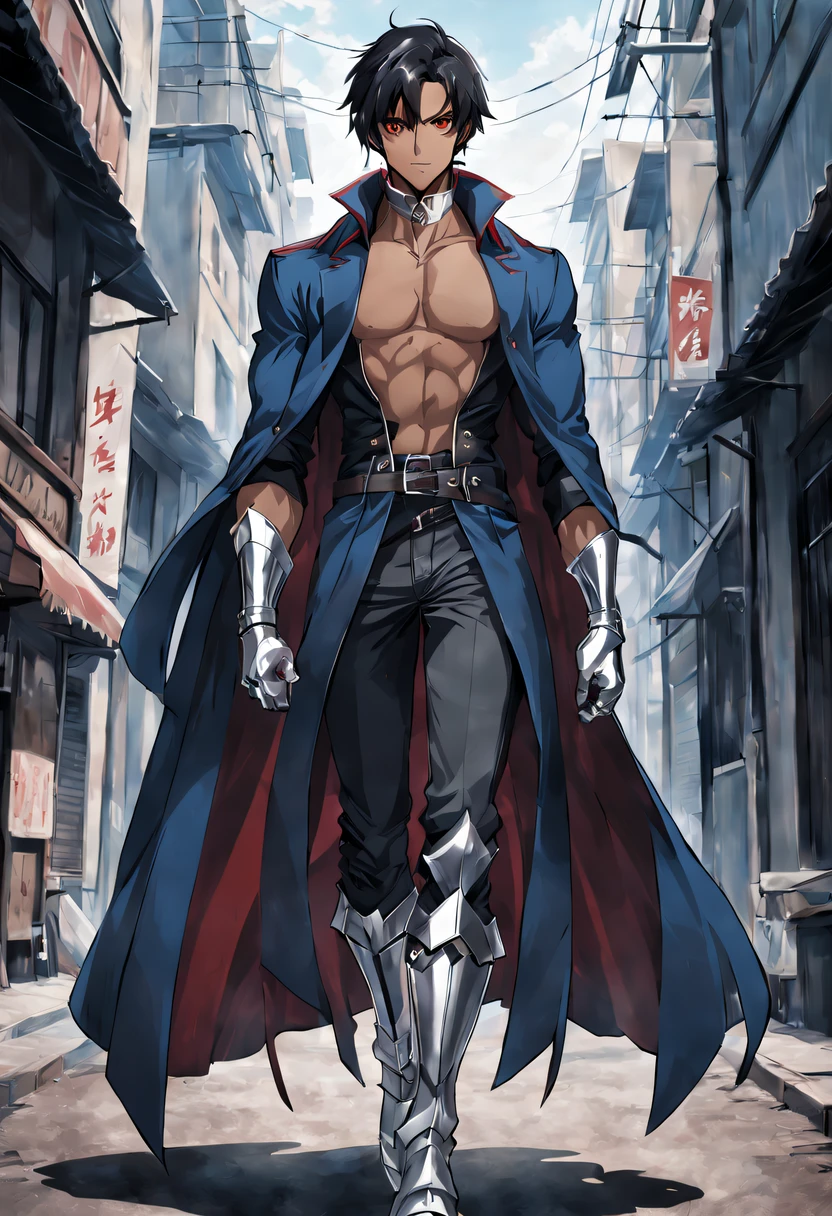 (Anime), (Handsome sole young man), (Two Meters tall), (Dark brown skin), (Black Hair), (Red eyes), (Muscular Body), (Long blue coat and black shirt), (Silver Gauntlets), (Silver Boots), (Exposed collar bone)