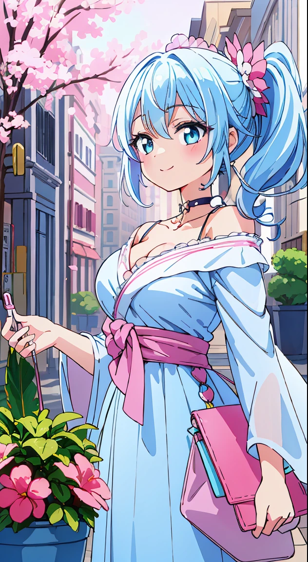 (Absurd realistic structure details),(High resolution complex and detailed text quality),(High-resolution microstructure、High Poly 3D Rendering Correction),Methods of geometry,Careful explanatory anatomy, 

BREAK,



1 beautiful girl, 1 person,Solo,(Cute:1.5),(Chibi:0.6),(kawaii:1.5),(Lori:0.5),(17 years old girl),Very detailed,colourfull,highest details,Clear skin,Beautiful skin,Shy,Very detailed,colourfull,highest details,Clear skin,Beautiful skin,Shy skin,1 beautiful girl,{Heterochromia,pale blue eyes,pale green eyes:1.9},star eye silhouette, BREAK,(pale blue hair, Medium length:1.4),(Side Ponytail,A little curly hair,Single-sided twisted blade,Princess Cut:1.3),(cleavage of the breast,Large breasts,Beautiful , gleaming skin,Clear skin, Beautiful skin,(best quality face),(Top quality glowing eyes), (The best smile,Doya face:1.45),  BREAK (Pink Theme:1.4), (Vivid colors:1.3),  (ivory kimono, Floor Length kimono), sparkling effect on hair, soft smile, (closed eyes:0.7), looking at viewer, sparkle effects, random colored petals, many petals, fluttering petals, prism effects,

BREAK,(early evening),Walking,a closed mouth,(architecture, building, Choker, city, Cityscape, Outdoors, potted plant,Street, Town:1.55), Waterfall,depth of fields,

 BREAK,wakame,wakame,wakame,(Dynamic Angle:1.4), 

BREAK,(Blurry background:1.3),(absurderes, hight resolution, Super Detail Art),cel shading,Clear Color, Lonely optical effect, Beautiful pictures, Bright glow, mystic atmosphere,(Close-up of girl:1.1), Mystical light particle effect,manga influence, clean line drawings,