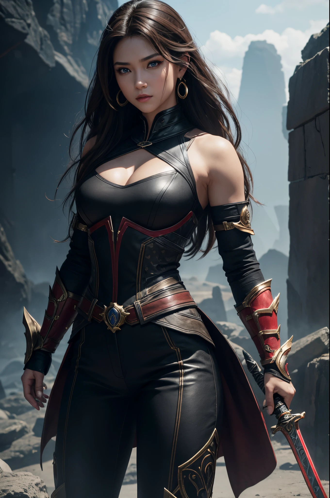 8K、1girl in,cinematic wonder:Mortal Kombat Girls' Super Realistic Shine in Unreal Engine 5,Small cleavage、Light equipment、Jet black exterior,Black pants,red precise pattern work,Blue eyes、Equipped with one-handed sword,Creates an enchanting spectacle of strength and elegance。red earrings in ears,Even the smoky air swirling around me、Captured in stunning ultra-high definition 8K detail、It will take you to a world where myth and reality intertwine.。超A high resolution、super realistic skin、Flashy action scenes,Tall girl,Brown-haired semi-long hair,turn a harsh gaze on the viewer,
