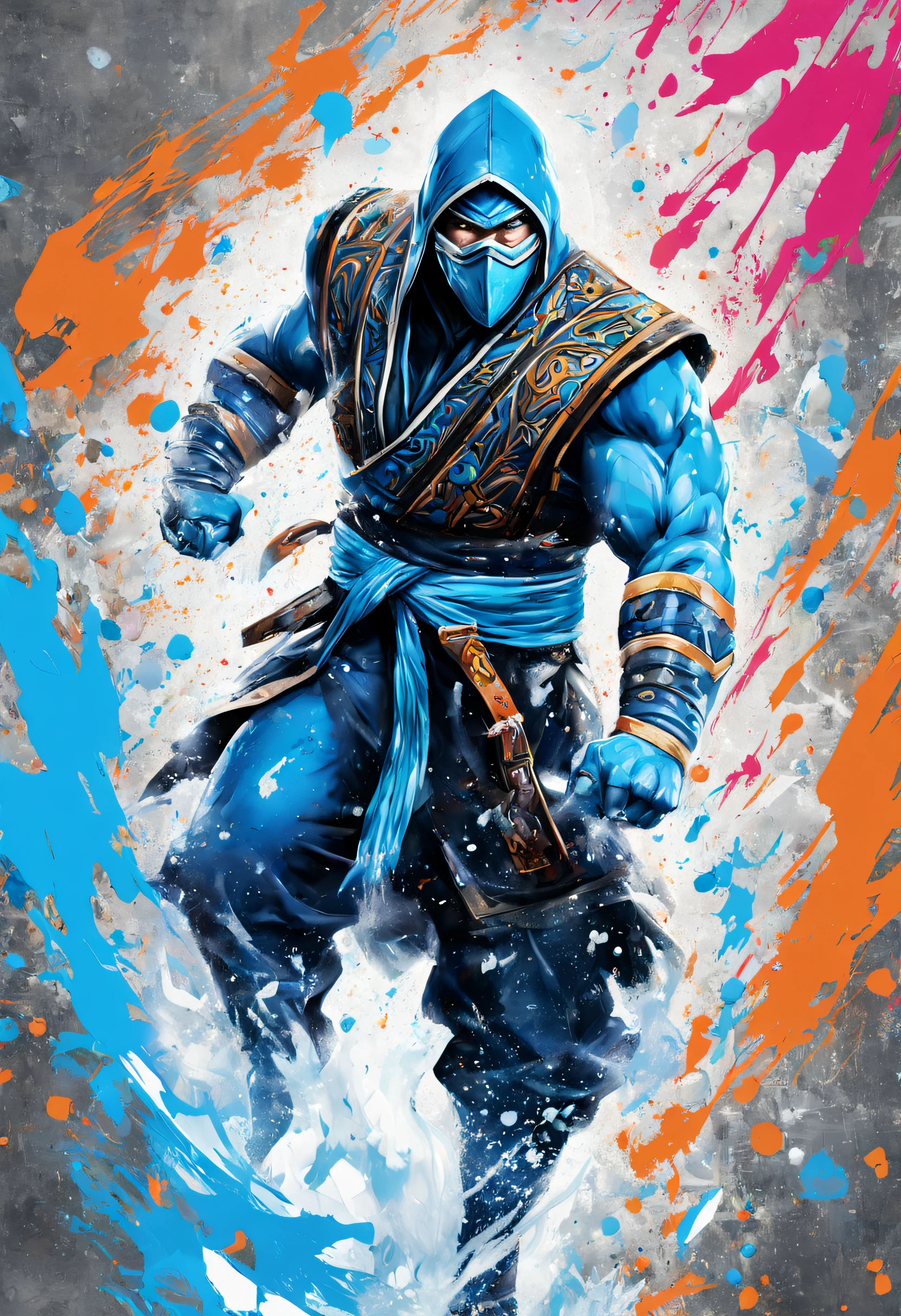 Sub-Zero emerges with frozen fury, mesmerizing the streets. In Pop Art - Graffiti & Street Art style, depict his dynamic action scene with vibrant colors, splattering paint, and bold strokes. Let the icy powers clash in a visually explosive masterpiece of chilling intensity. --ar 16:9 --v 5.2