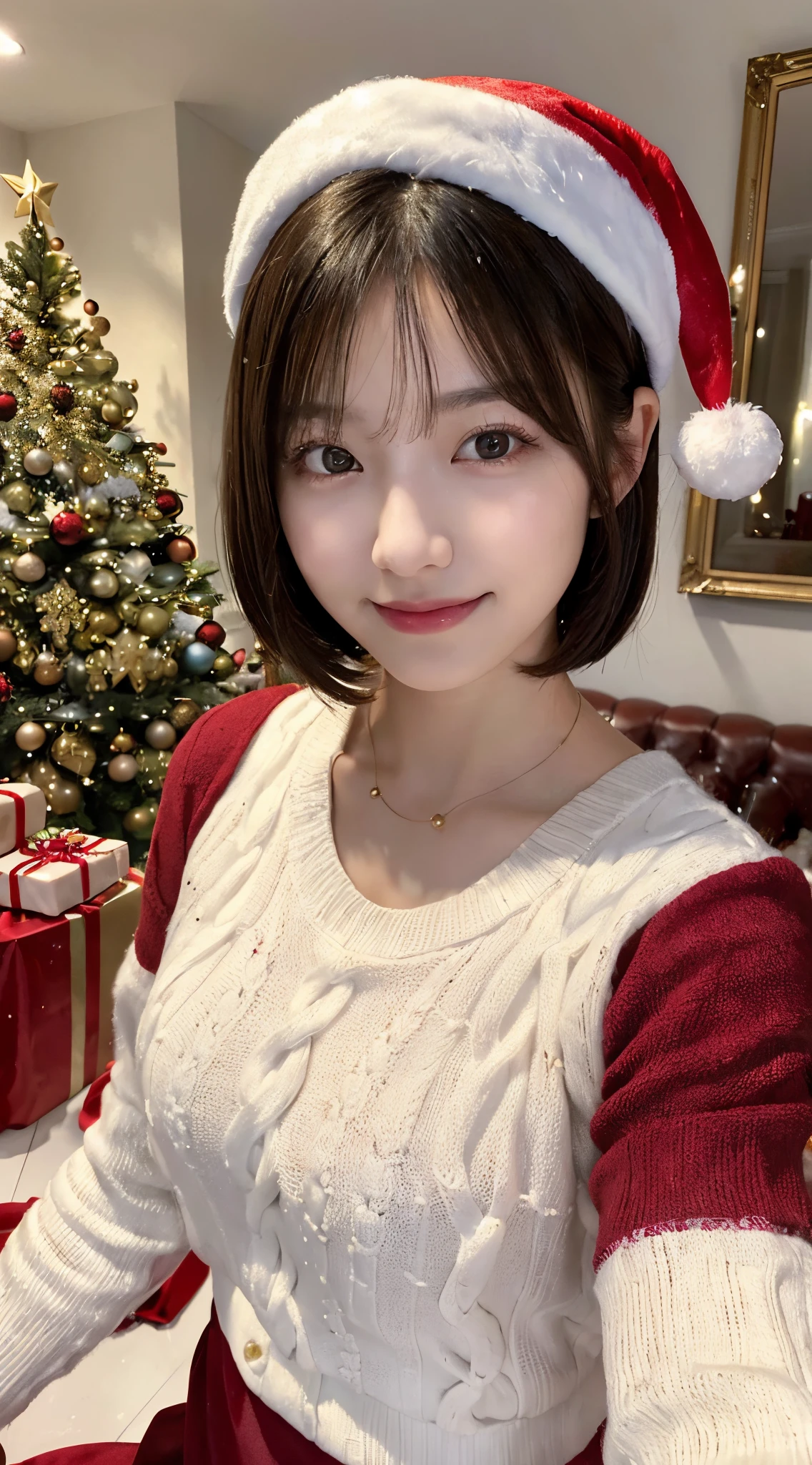 (top-quality,8K picture quality,masterpiece:1.3,),(超A high resolution,Photorealsitic:1.4,Raw photography),(ultra-detailliert,Caustics,perfect anatomia),(Ultra-realistic capture,Beautifully detailed skin),(A girl smiling broadly in front of a large Christmas cake),(Christmas cake close-up:1.2),livingroom,18year old,Black hair short bob,One heavy,White sweater,Bust-up shot,(low angles),Warm color lighting