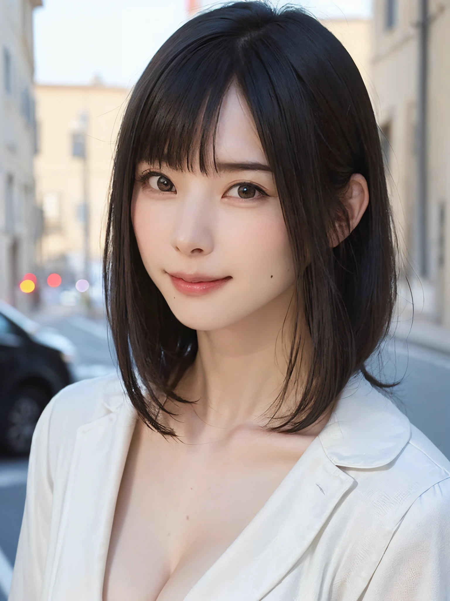 (masutepiece, top-quality、The ultra -The high-definition、Very attractive adult beauty、Add intense highlights to the eyes、Look firmly at the camera:1.4、Absolutely beautiful bangs:1.4、Brunette short bob hair with bangs:1.4),1girl in, 独奏, A dark-haired, scarf, Hats,, realisitic, looking at the viewers, black eyes of light color, shorth hair, coat, Winter clothes, White headscarf, s lips, lipgloss,bangss, The upper part of the body、big eye、Lashes)、((Road system in Italy、Hyperreal Stick:1.4))、((Shorthair with bangs:1.4、Beautiful bangs with 46 points:1.4、{Gigantic|Big|Huge|Mega} breasts, cleavage、big eye、Put very strong highlights in your students、very Bigger breasts、gazing at viewer、Very beautiful beauty、Put your ears out、long neck、little smiling、Beautiful teeth、Open your mouth and smile))、28 year old、Very cute supermodel