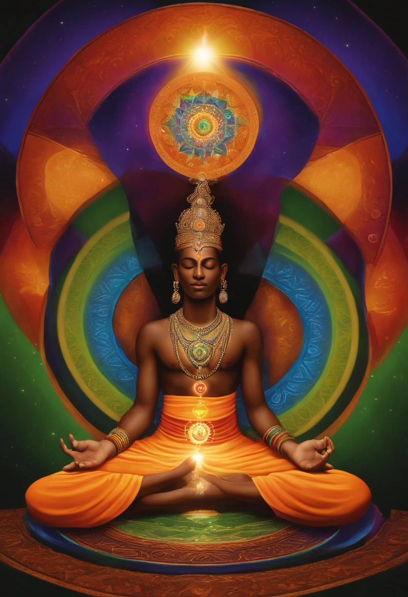 Yogi_((oive or light toned- dark skin, male, young, fit, spiritual))_seated, cross-legged (padmasana, full lotus pose), handsome man_((short facial hair, masculine, short-men’s haircut))_ wearing crystal necklace (charms of rainbow, hanging on thin chain, around the neck), chakras made of light -((emanating form the middle of the pelvis,-red light, belly button-orange light, solar plexus- yellow light, heart center - green light, throat center- blue light, middle of forehead/ajna chakra/third eye- purple light with rainbow pattern)) , top of head/crown-indigo light) rainbow fractals, halo-of light— rainbow fractals make a horizontal ellipse of light waves _red to orange to yellow to green to blue to indigo to violet—)