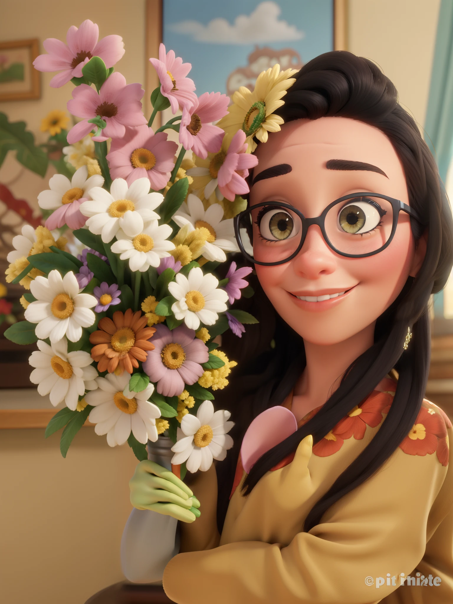 Mulher com flores no fundo com efeito Disney Pixar