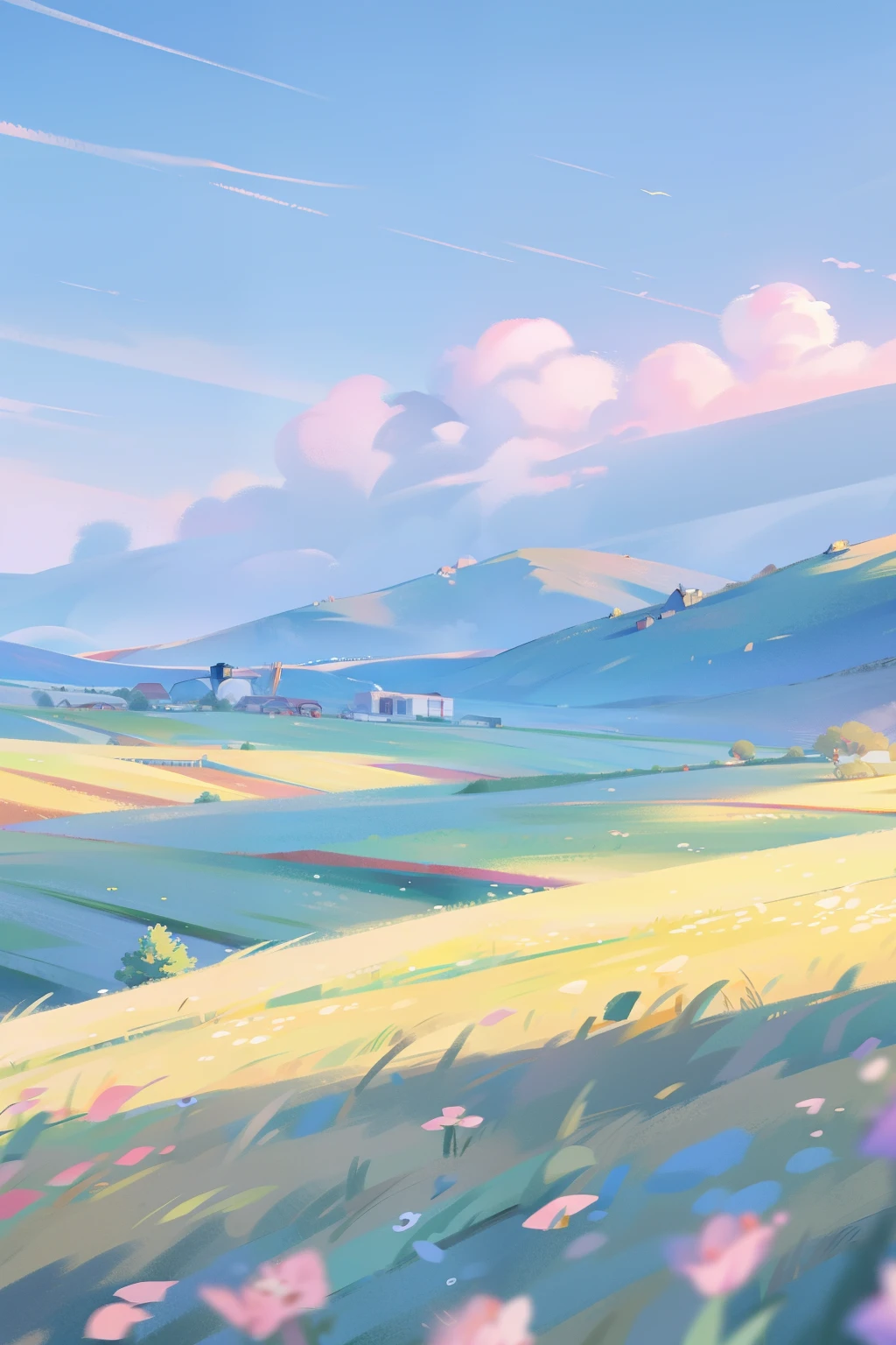 In the wheat field,A long train is coming from afar, baiyun、blue-sky、rivulets . wildflowers.