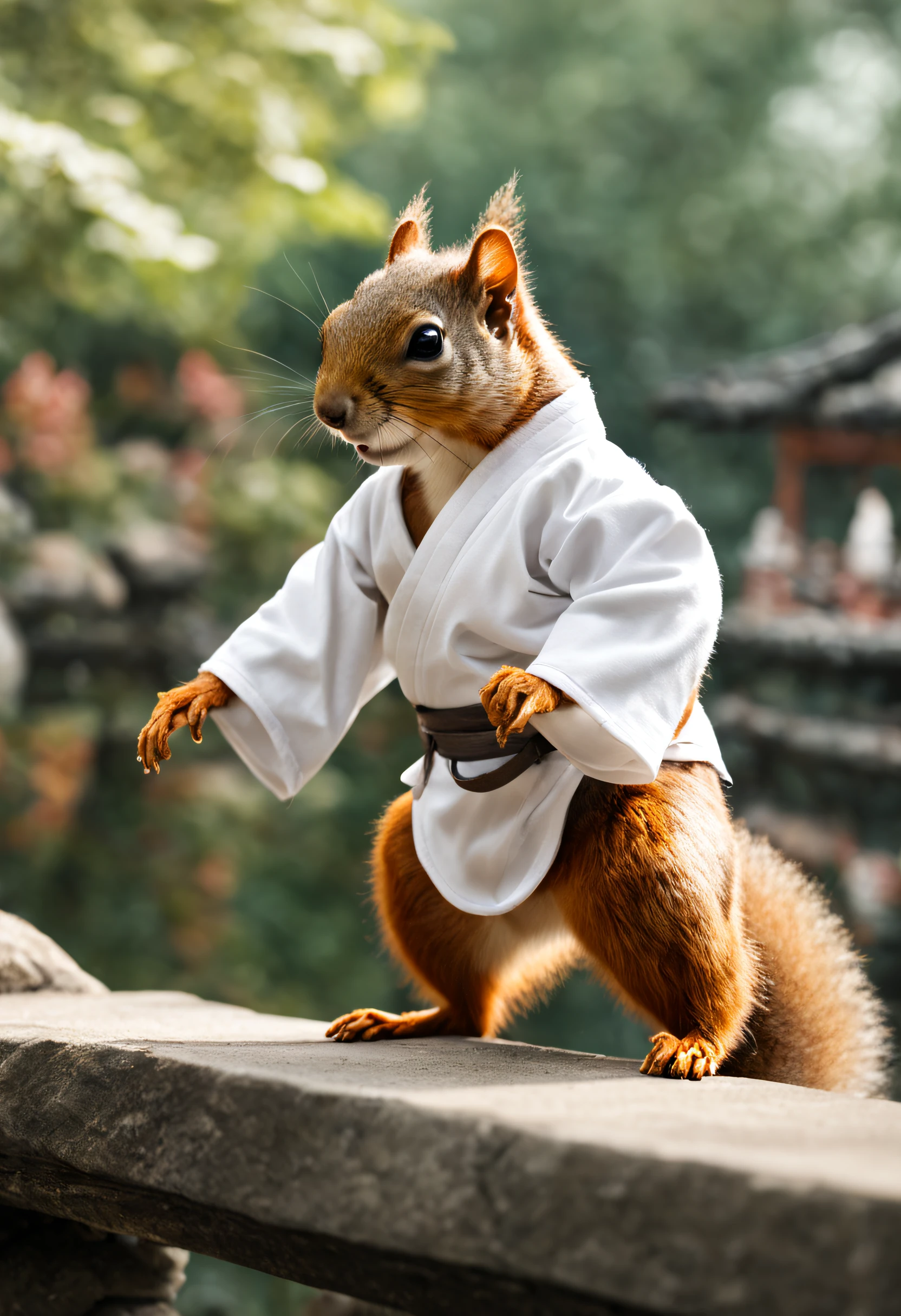 imagine, like a humanoid (anthropomorphic) a squirrel in a white kimono practices kung fu in a picturesque Chinese garden, Squirrel Furry, squirrel - kung fu fighter, kung fu training, Anthropomorphic squirrel, Hi-Def, Best Quality, Highest Resolution, 8K, Feature photo, Photorealistic quality, higly detailed